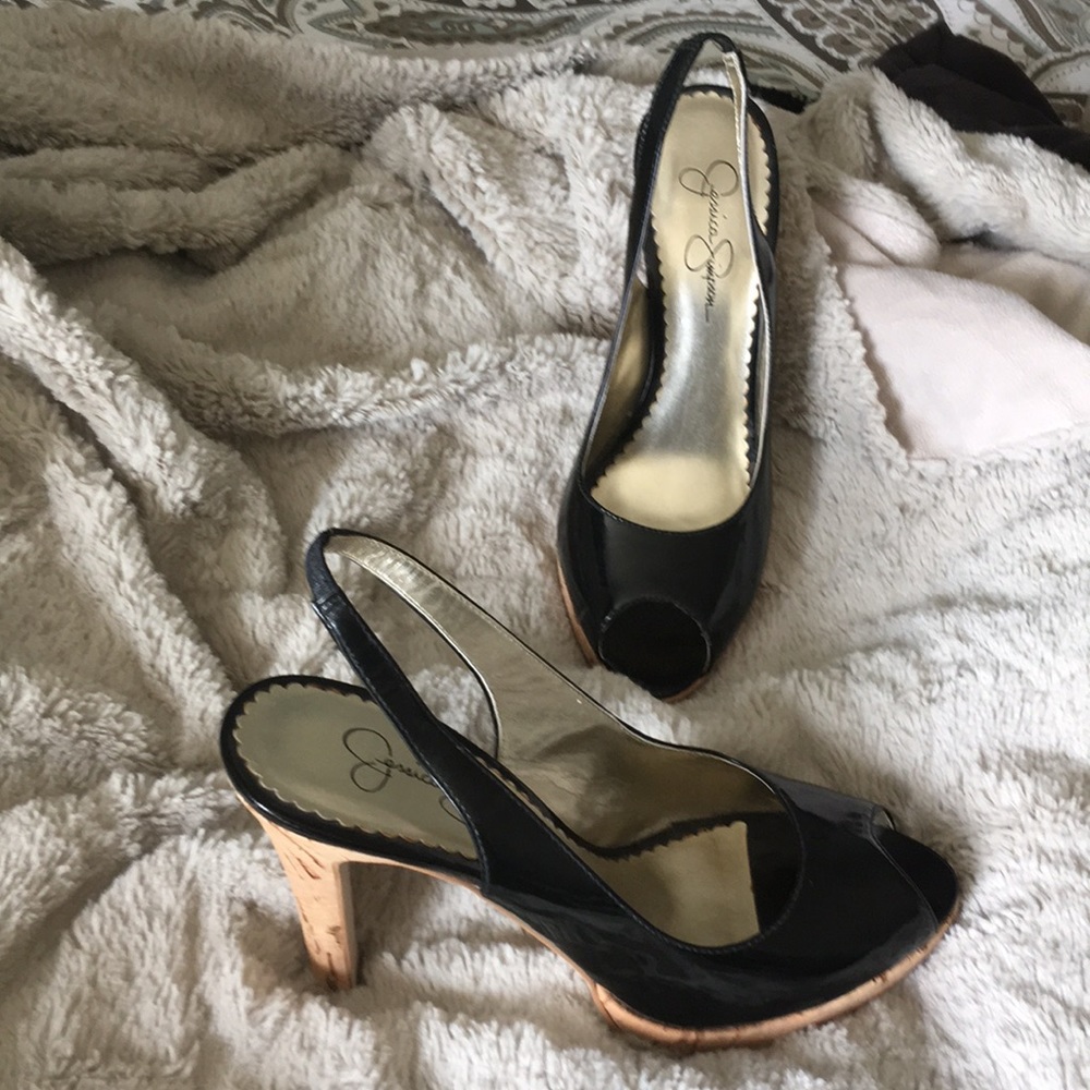 Jessica Simpson Black patent peep toe sling heels